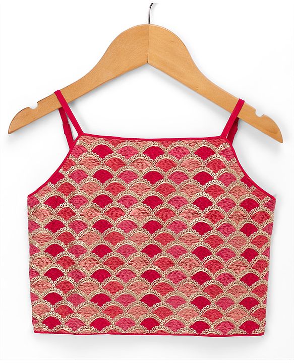 Pine Kids Woven Sleeveless Lehenga Choli Dupatta Set With Sequin Detailing & Floral Foil Print - Dark Pink