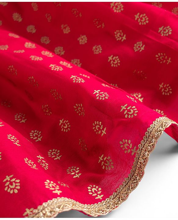 Pine Kids Woven Sleeveless Lehenga Choli Dupatta Set With Sequin Detailing & Floral Foil Print - Dark Pink