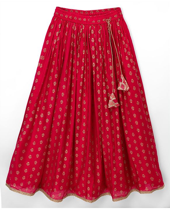 Pine Kids Woven Sleeveless Lehenga Choli Dupatta Set With Sequin Detailing & Floral Foil Print - Dark Pink