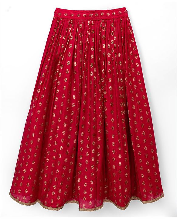 Pine Kids Woven Sleeveless Lehenga Choli Dupatta Set With Sequin Detailing & Floral Foil Print - Dark Pink