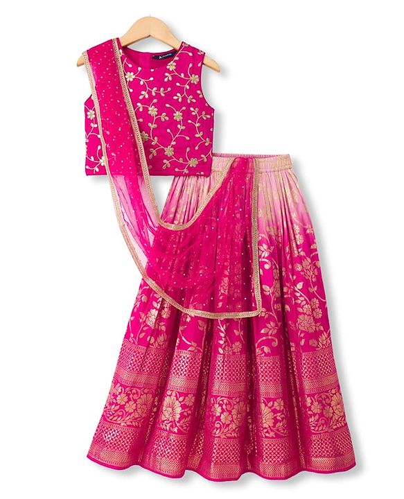 Pine Kids Woven Sleeveless Floral Embroidered Choli & Lehenga Set With Dupatta - Dark Pink