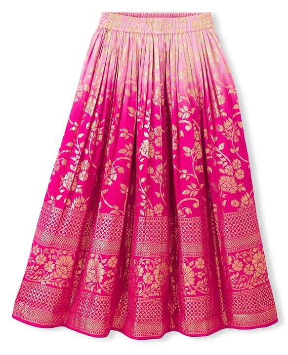 Pine Kids Woven Sleeveless Floral Embroidered Choli & Lehenga Set With Dupatta - Dark Pink