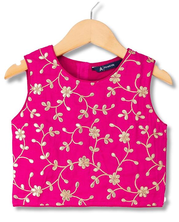 Pine Kids Woven Sleeveless Floral Embroidered Choli & Lehenga Set With Dupatta - Dark Pink