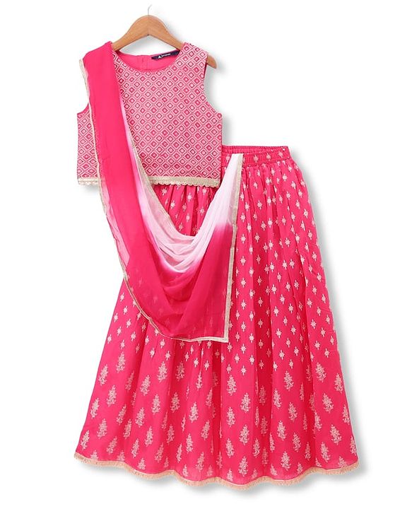 Pine Kids Woven Sleeveless Printed Choli & Lehenga Set With Dupatta - Dark Pink