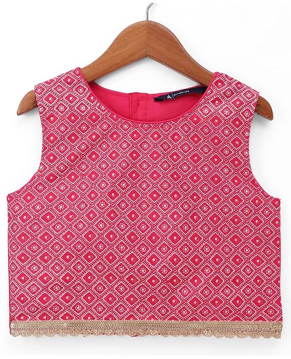 Pine Kids Woven Sleeveless Printed Choli & Lehenga Set With Dupatta - Dark Pink