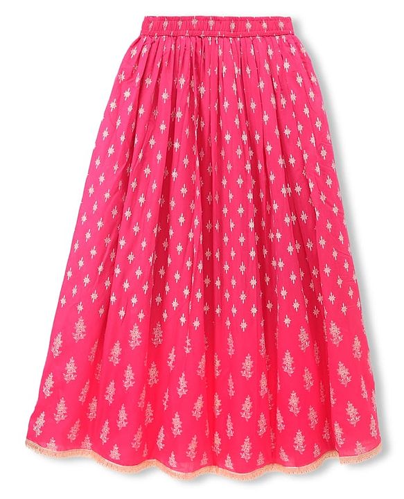 Pine Kids Woven Sleeveless Printed Choli & Lehenga Set With Dupatta - Dark Pink