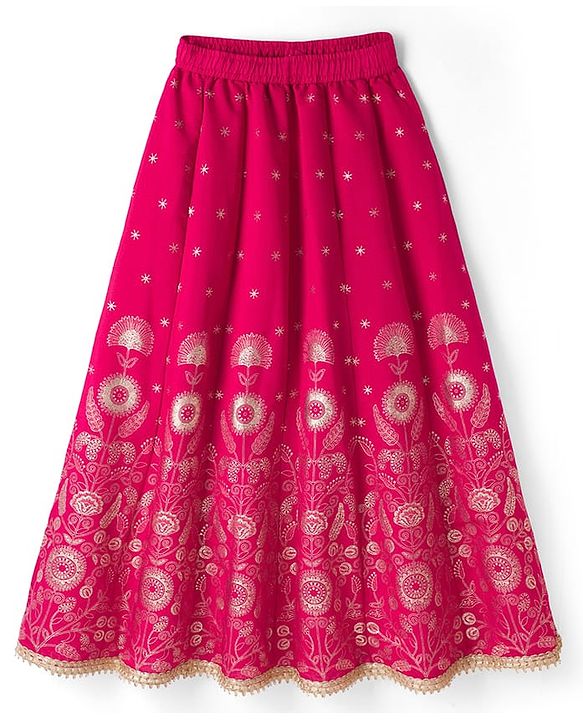 Pine Kids Woven Sleeveless Lehenga Choli and Dupatta with Full Length and Floral Vines Embroidery in Dark Pink for 4-5 Years