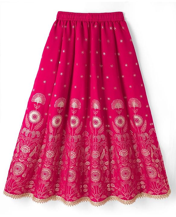 Pine Kids Woven Sleeveless Lehenga Choli and Dupatta with Full Length and Floral Vines Embroidery in Dark Pink for 4-5 Years