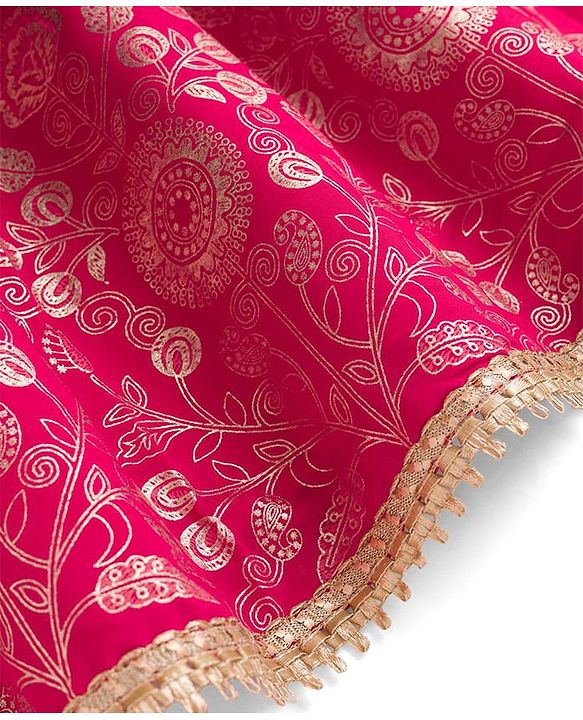 Pine Kids Woven Sleeveless Lehenga Choli and Dupatta with Full Length and Floral Vines Embroidery in Dark Pink for 4-5 Years