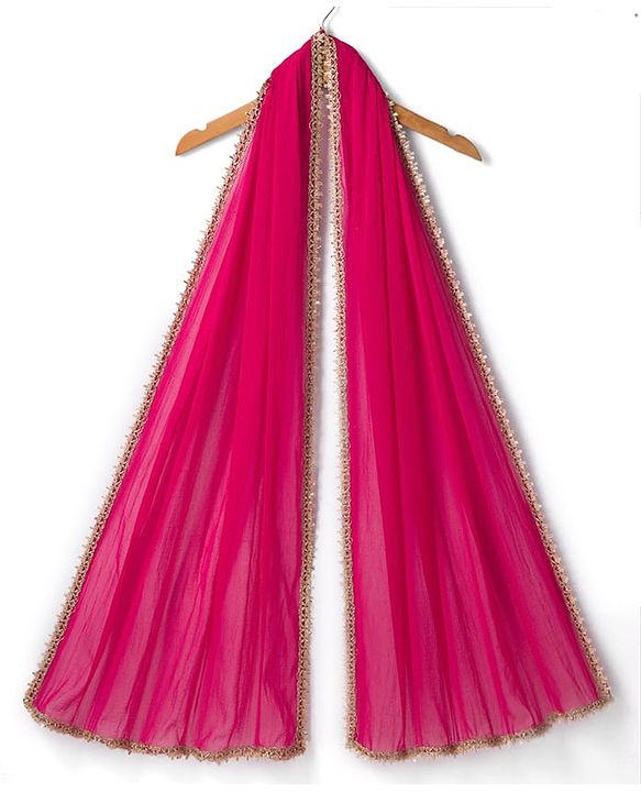 Pine Kids Woven Sleeveless Lehenga Choli and Dupatta with Full Length and Floral Vines Embroidery in Dark Pink for 4-5 Years