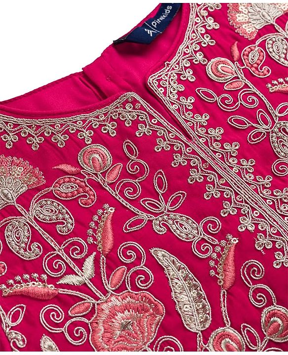 Pine Kids Woven Sleeveless Lehenga Choli and Dupatta with Full Length and Floral Vines Embroidery in Dark Pink for 4-5 Years