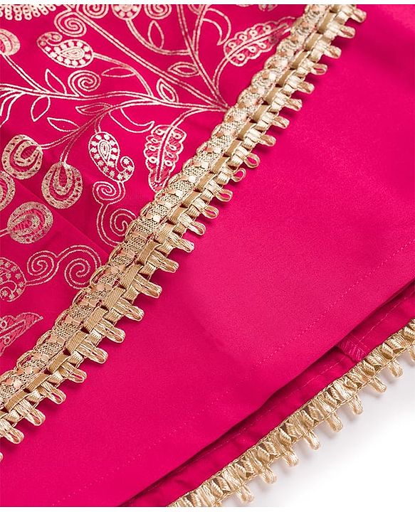 Pine Kids Woven Sleeveless Lehenga Choli and Dupatta with Full Length and Floral Vines Embroidery in Dark Pink for 4-5 Years