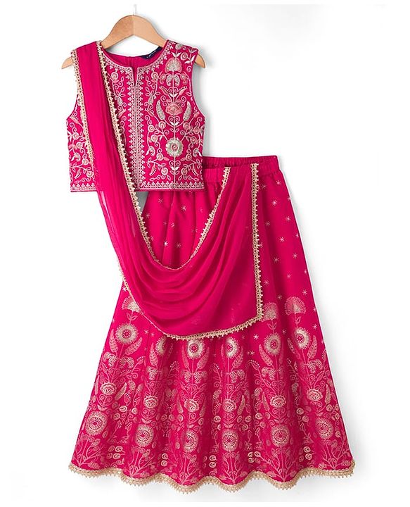 Pine Kids Woven Sleeveless Lehenga Choli and Dupatta with Full Length and Floral Vines Embroidery in Dark Pink for 4-5 Years