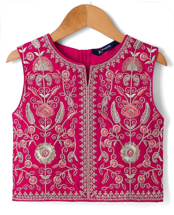 Pine Kids Woven Sleeveless Lehenga Choli and Dupatta with Full Length and Floral Vines Embroidery in Dark Pink for 4-5 Years