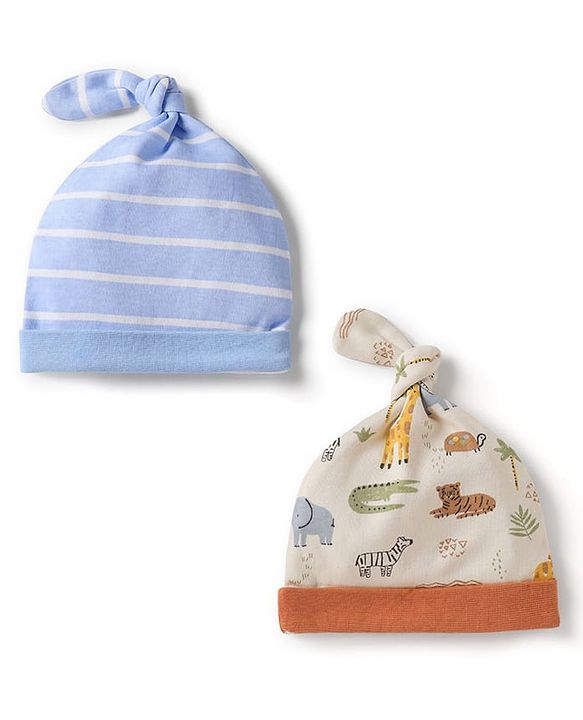 Babyhug 100% Cotton Interlock Knit Stripped Cap with Jungle Theme Print Blue & White Pack of 2 - Diameter 16 cm