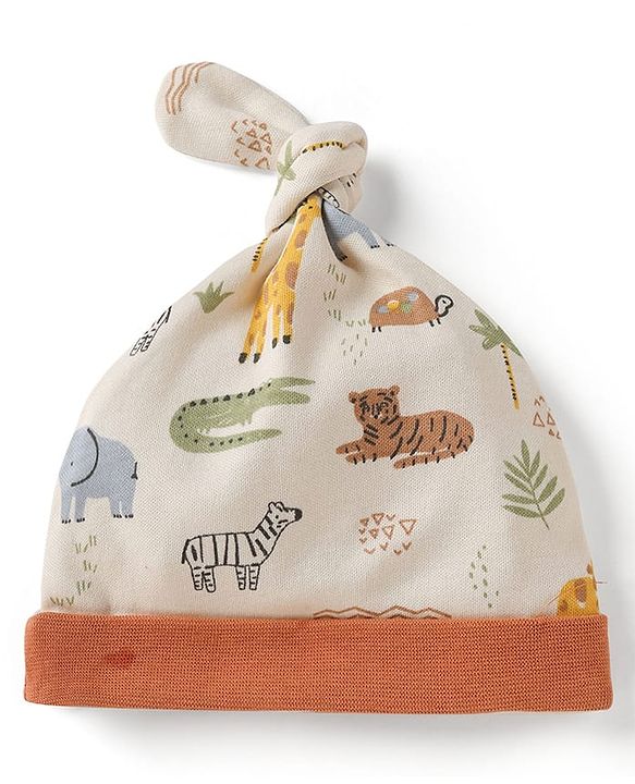 Babyhug 100% Cotton Interlock Knit Stripped Cap with Jungle Theme Print Blue & White Pack of 2 - Diameter 16 cm