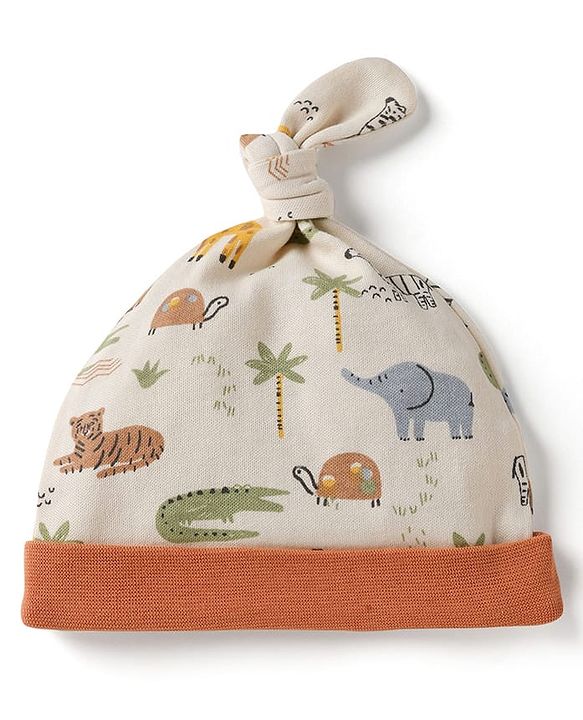 Babyhug 100% Cotton Interlock Knit Stripped Cap with Jungle Theme Print Blue & White Pack of 2 - Diameter 16 cm