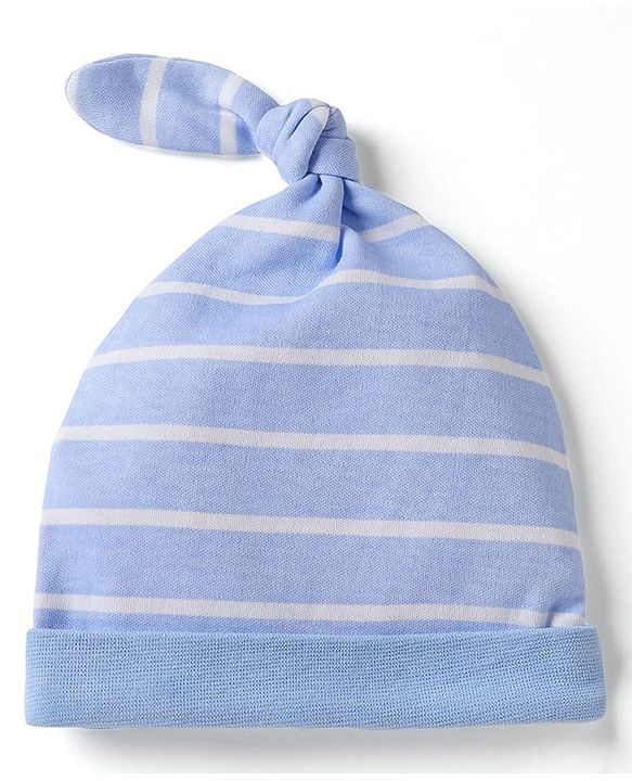 Babyhug 100% Cotton Interlock Knit Stripped Cap with Jungle Theme Print Blue & White Pack of 2 - Diameter 16 cm