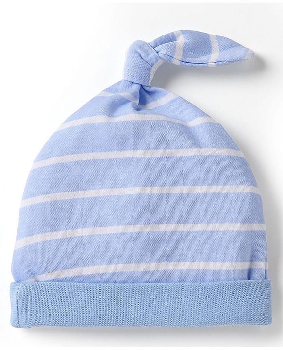 Babyhug 100% Cotton Interlock Knit Stripped Cap with Jungle Theme Print Blue & White Pack of 2 - Diameter 16 cm