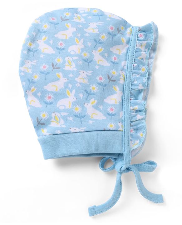 Babyhug 100% Cotton Interlock Baby Caps with Floral & Animal Print Pack of 2 in Blue Diameter - 12