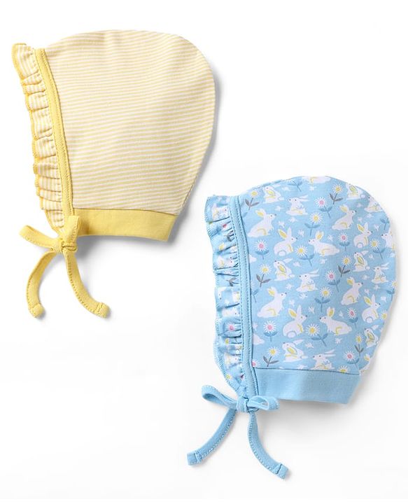 Babyhug 100% Cotton Interlock Baby Caps with Floral & Animal Print Pack of 2 in Blue Diameter - 12