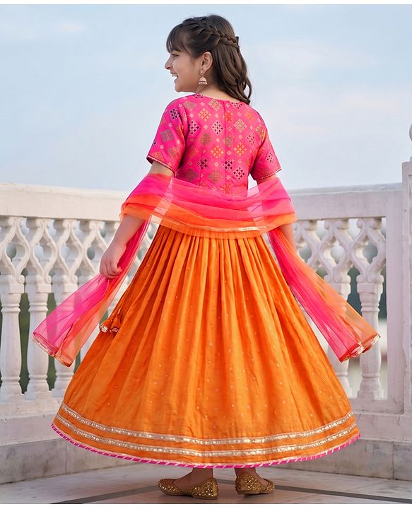 Pine Kids Woven Half Sleeves Choli & Lehenga Set with Geometric Print - Light Red & Orange
