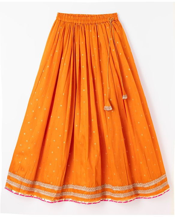 Pine Kids Woven Half Sleeves Choli & Lehenga Set with Geometric Print - Light Red & Orange