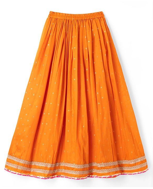 Pine Kids Woven Half Sleeves Choli & Lehenga Set with Geometric Print - Light Red & Orange