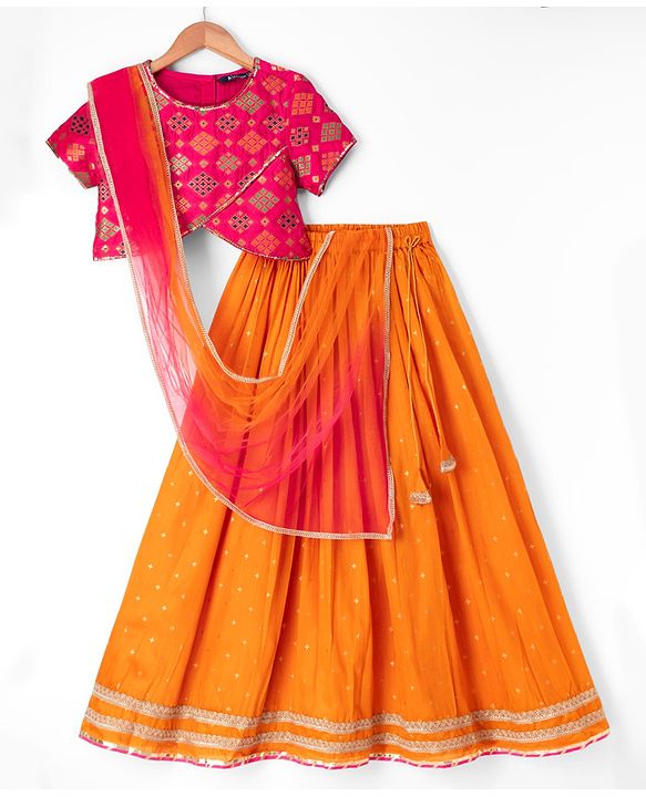 Pine Kids Woven Half Sleeves Choli & Lehenga Set with Geometric Print - Light Red & Orange
