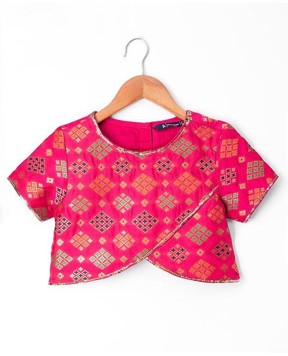 Pine Kids Woven Half Sleeves Choli & Lehenga Set with Geometric Print - Light Red & Orange