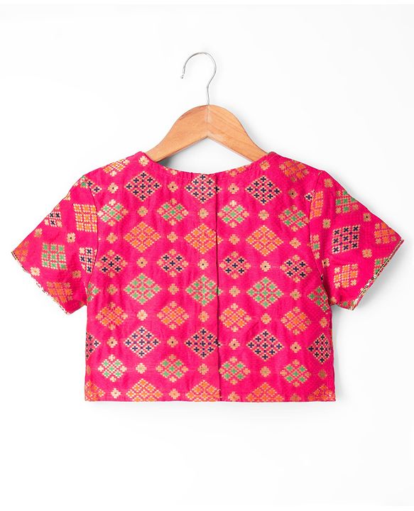 Pine Kids Woven Half Sleeves Choli & Lehenga Set with Geometric Print - Light Red & Orange
