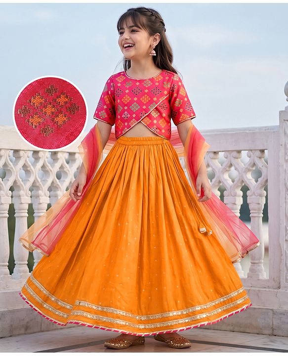 Pine Kids Woven Half Sleeves Choli & Lehenga Set with Geometric Print - Light Red & Orange