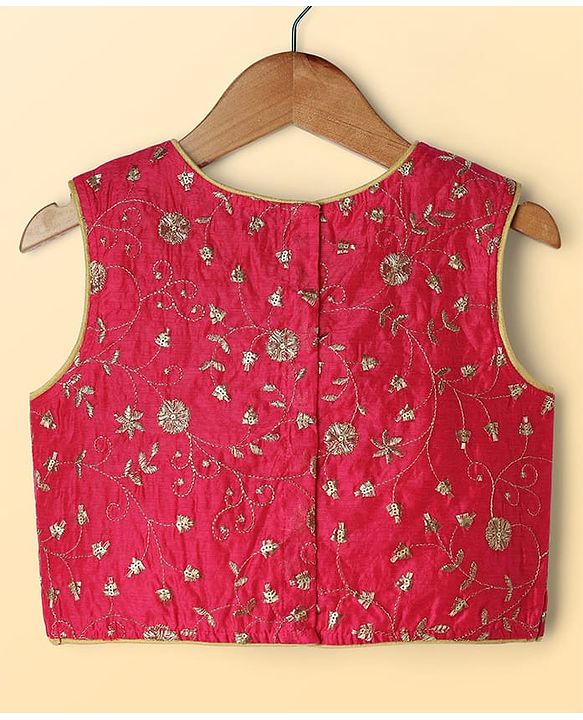 Pine Kids Woven Sleeveless Floral Embroidered & Foil Printed Lehenga Choli Set With Dupatta - Pink