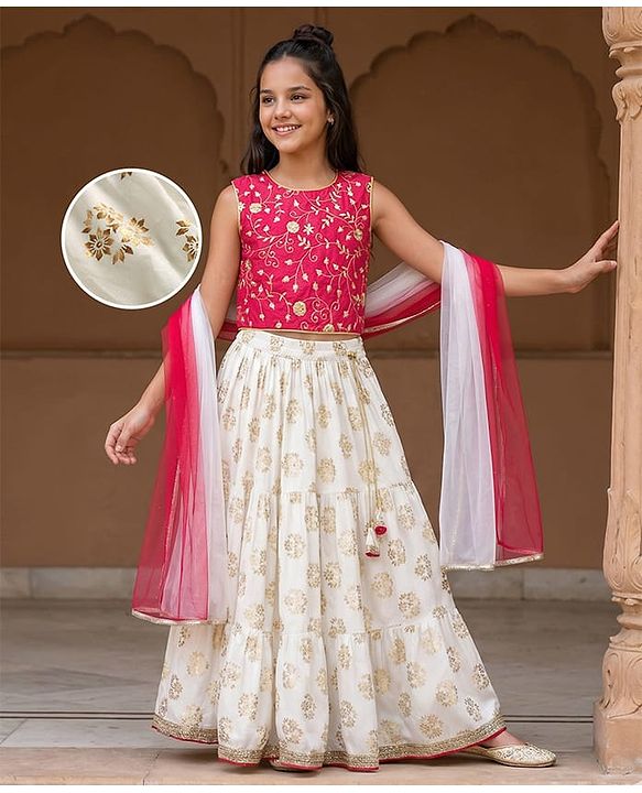 Pine Kids Woven Sleeveless Floral Embroidered & Foil Printed Lehenga Choli Set With Dupatta - Pink