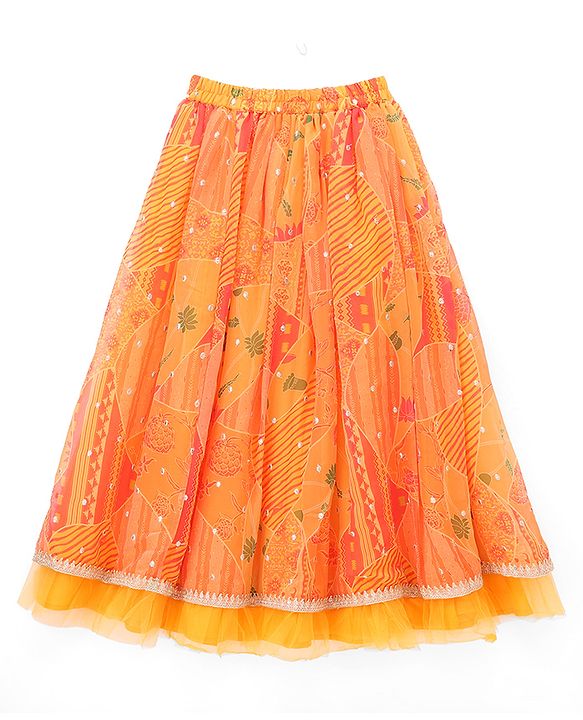 Pine Kids Woven Half Sleeves Floral Embroidery & Lehariya Print Lehenga Choli With Dupatta Set - Orange