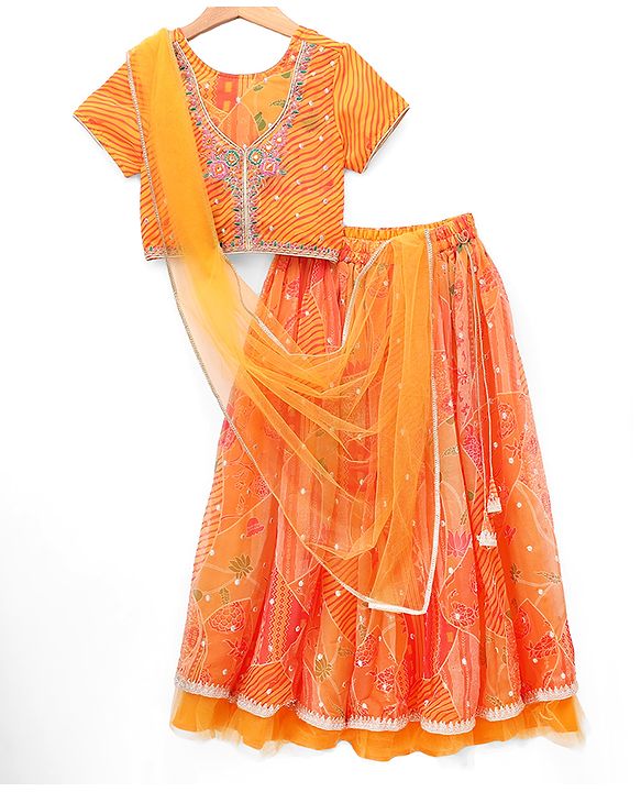 Pine Kids Woven Half Sleeves Floral Embroidery & Lehariya Print Lehenga Choli With Dupatta Set - Orange