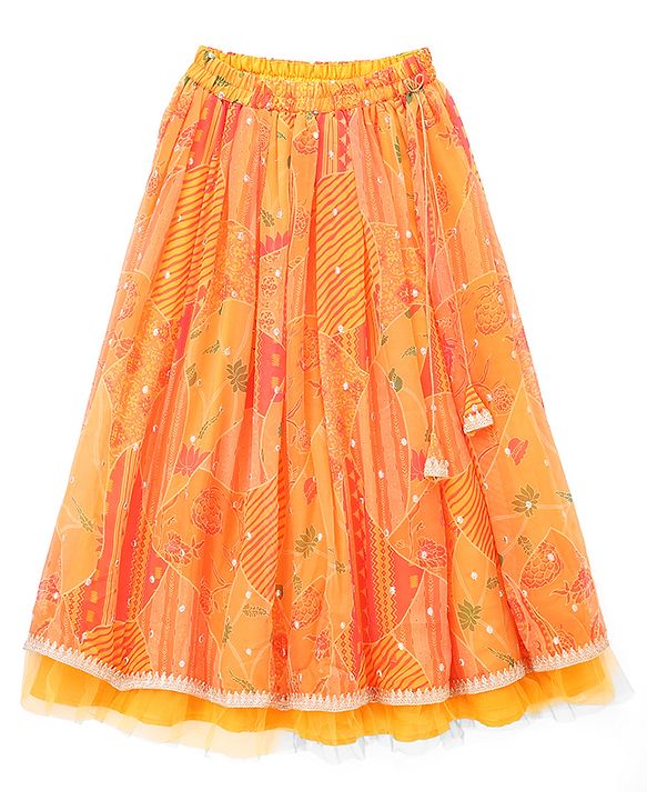 Pine Kids Woven Half Sleeves Floral Embroidery & Lehariya Print Lehenga Choli With Dupatta Set - Orange