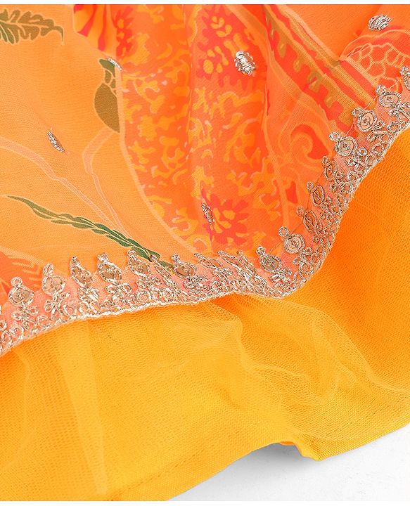 Pine Kids Woven Half Sleeves Floral Embroidery & Lehariya Print Lehenga Choli With Dupatta Set - Orange