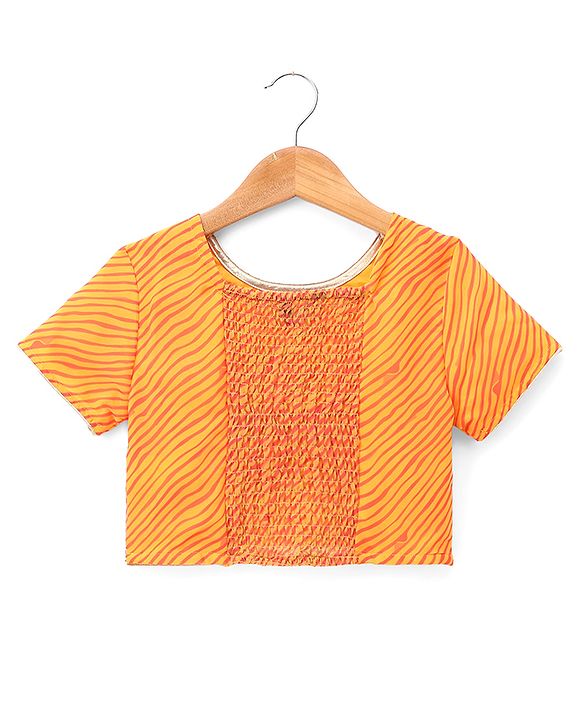 Pine Kids Woven Half Sleeves Floral Embroidery & Lehariya Print Lehenga Choli With Dupatta Set - Orange