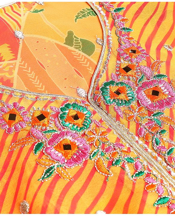 Pine Kids Woven Half Sleeves Floral Embroidery & Lehariya Print Lehenga Choli With Dupatta Set - Orange