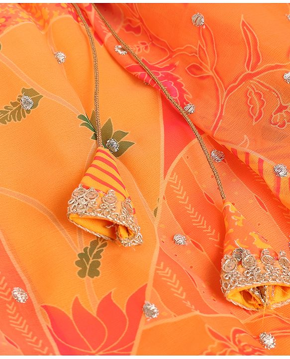 Pine Kids Woven Half Sleeves Floral Embroidery & Lehariya Print Lehenga Choli With Dupatta Set - Orange