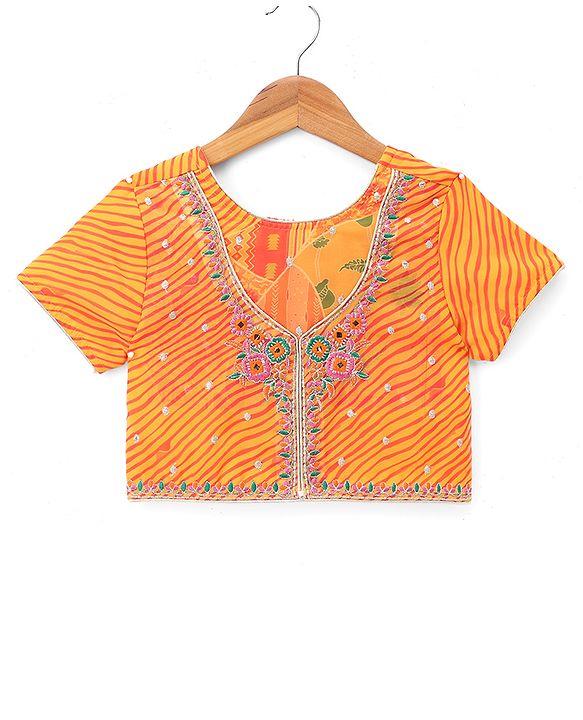 Pine Kids Woven Half Sleeves Floral Embroidery & Lehariya Print Lehenga Choli With Dupatta Set - Orange