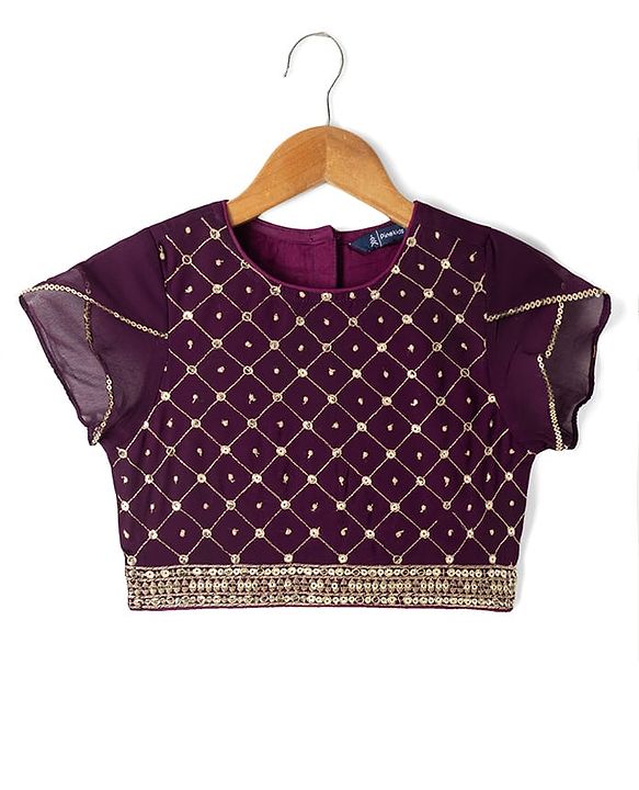 Pine Kids Woven Half Sleeves Lehenga Choli & Dupatta Set With Stone Embellishment - Wine