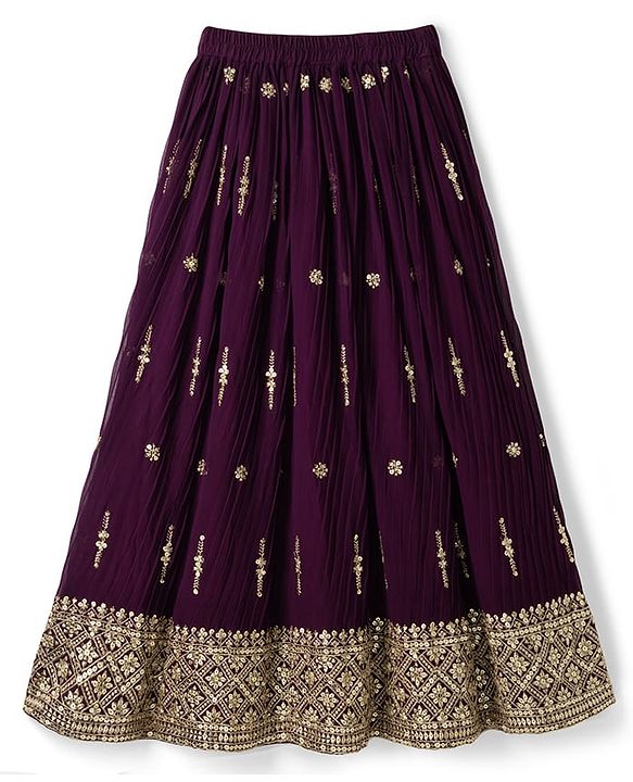 Pine Kids Woven Half Sleeves Lehenga Choli & Dupatta Set With Stone Embellishment - Wine