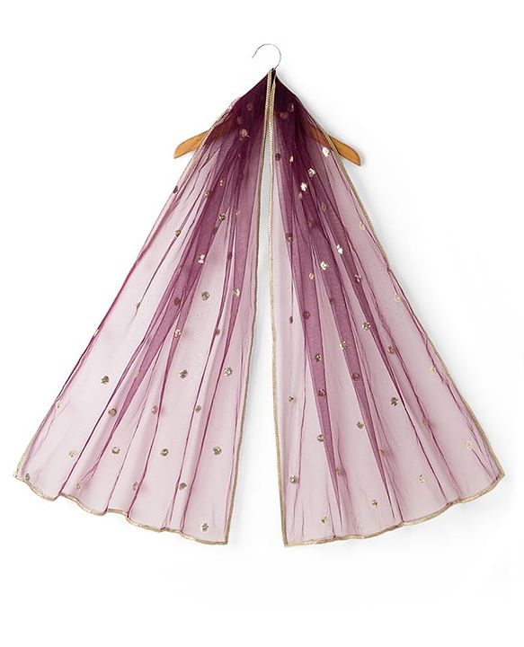 Pine Kids Woven Half Sleeves Lehenga Choli & Dupatta Set With Stone Embellishment - Wine