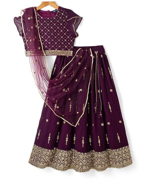 Pine Kids Woven Half Sleeves Lehenga Choli & Dupatta Set With Stone Embellishment - Wine