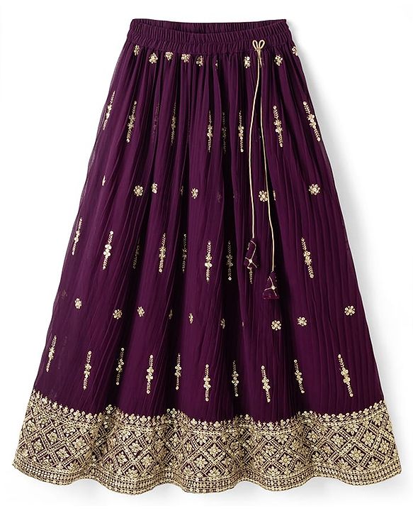 Pine Kids Woven Half Sleeves Lehenga Choli & Dupatta Set With Stone Embellishment - Wine