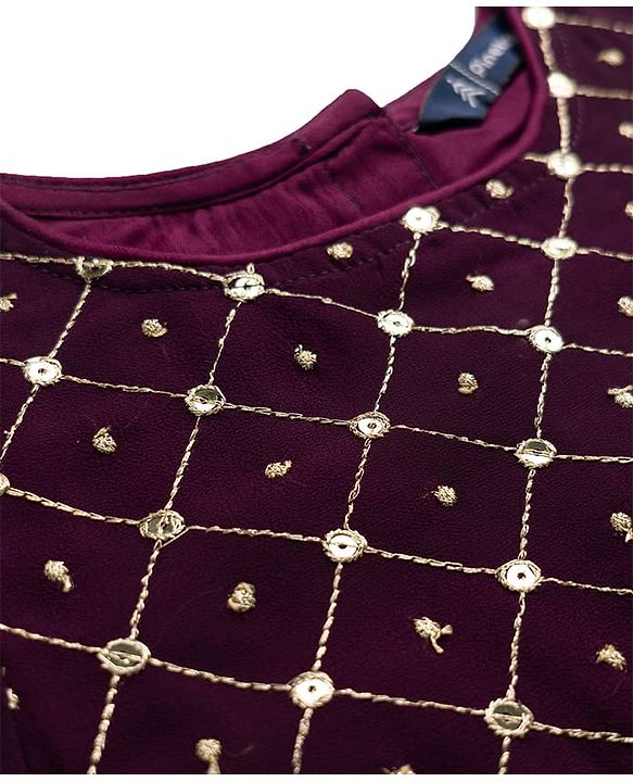Pine Kids Woven Half Sleeves Lehenga Choli & Dupatta Set With Stone Embellishment - Wine