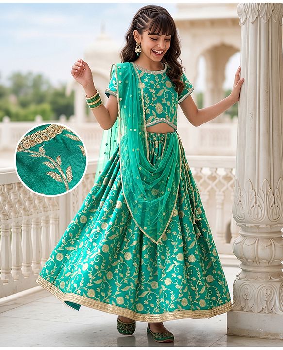 Pine Kids Woven Lehenga Choli and Dupatta Set with Half Sleeves and Floral Print - Dark Green