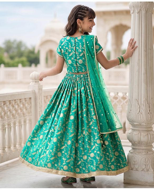 Pine Kids Woven Lehenga Choli and Dupatta Set with Half Sleeves and Floral Print - Dark Green
